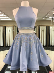 Blue Satin Crystal Beaded Skirt Two Piece Short Homecoming Dresses