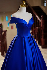 Blue Satin Floor Length Prom Dresses, Elegant A-Line Evening Party Dresses