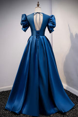 Blue Satin Long A-Line Prom Dresses, Elegant Short Sleeve Party Dresses