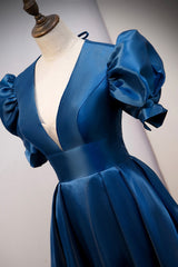 Blue Satin Long A-Line Prom Dresses, Elegant Short Sleeve Party Dresses