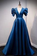 Blue Satin Long A-Line Prom Dresses, Elegant Short Sleeve Party Dresses