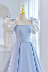 Blue Satin Long A-Line Prom Dresses, Lovely Short Sleeve Formal Evening Dresses