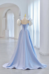 Blue Satin Long A-Line Prom Dresses, Lovely Short Sleeve Formal Evening Dresses