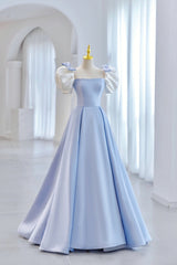 Blue Satin Long A-Line Prom Dresses, Lovely Short Sleeve Formal Evening Dresses