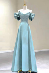 Blue Satin Long A-Line Prom Dresses, Unique Spaghetti Straps Evening Dresses