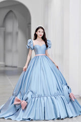 Blue Satin Long Princess Dresses, Cute Short Sleeve Ball Gown Sweet 16 Dresses