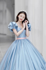 Blue Satin Long Princess Dresses, Cute Short Sleeve Ball Gown Sweet 16 Dresses