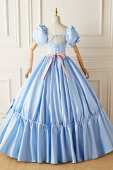 Blue Satin Long Princess Dresses, Lovely Short Sleeve Ball Gown Sweet 16 Dresses