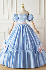 Blue Satin Long Princess Dresses, Lovely Short Sleeve Ball Gown Sweet 16 Dresses