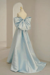 Blue Satin Long Prom Dresses with Big Bow, Blue A-Line Evening Party Dresses