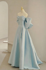 Blue Satin Long Prom Dresses with Big Bow, Blue A-Line Evening Party Dresses