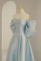 Blue Satin Long Prom Dresses with Big Bow, Blue A-Line Evening Party Dresses