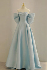 Blue Satin Long Prom Dresses with Big Bow, Blue A-Line Evening Party Dresses