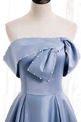 Blue Satin Long Prom Dresses with Pearls, Blue A-Line Strapless Party Dresses