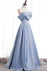 Blue Satin Long Prom Dresses with Pearls, Blue A-Line Strapless Party Dresses