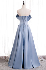 Blue Satin Long Prom Dresses with Pearls, Blue A-Line Strapless Party Dresses