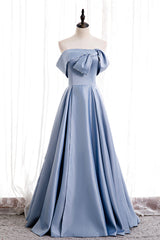 Blue Satin Long Prom Dresses with Pearls, Blue A-Line Strapless Party Dresses