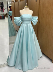 Blue Satin Off Shoulder Long Party Dress, A-line Blue Prom Dress