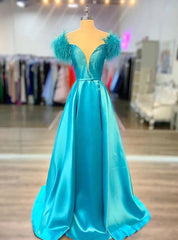 Blue Satin Off the Shoulder Feather Prom Dresses