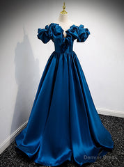 Blue Satin Off the Shoulder Prom Dress