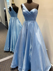 Blue Satin One Shoulder Pleats Prom Dresses