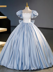 Blue Satin Puff Sleeve Bow Quinceanera Dresses