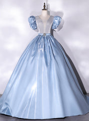 Blue Satin Puff Sleeve Quinceanera Dresses