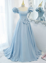 Blue Satin Puff Sleeve Square Prom Dresses