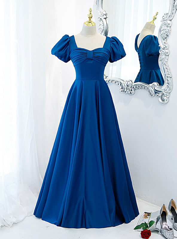 Blue Satin Short Sleeve Pleats Prom Dress