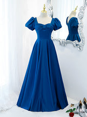 Blue Satin Short Sleeve Pleats Prom Dresses