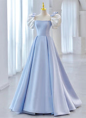 Blue Satin Short Sleeves with Bow Lace-up Party Dresses, Blue Prom Dresses