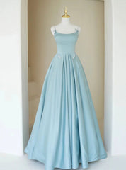 Blue Satin Spaghetti Straps Pearls Prom Dresses