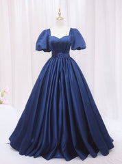 Blue Satin Square Neck Puff Sleeve Pleats Prom Dresses