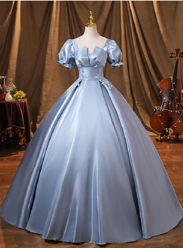 Blue Satin Square Puff Sleeve Appliques Quinceanera Dress