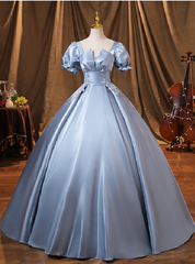 Blue Satin Square Puff Sleeve Appliques Quinceanera Dresses