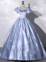 Blue Satin Square Puff Sleeve Beading Quinceanera Dress