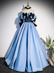 Blue Satin Strapless Bow Prom Dresses