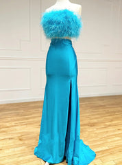 Blue Satin Strapless Feather Split Prom Dresses