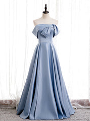 Blue Satin Strapless Pearls Long Prom Dresses