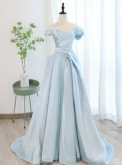 Blue Satin Tulle Off the Shoulder Prom Dresses