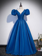 Blue Satin V-neck Puff Sleeve Backless Prom Dresses