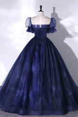 Blue Scoop Neckline Tulle Long Prom Dresses, A-Line Short Sleeve Evening Gown