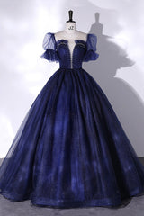 Blue Scoop Neckline Tulle Long Prom Dresses, A-Line Short Sleeve Evening Gown