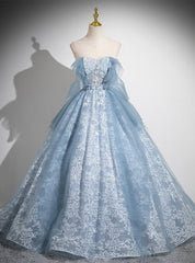 Blue See Through Neck Tulle Lace Quinceanera Dresses