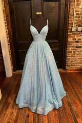 Blue Sequins Long A-Line Prom Dresses, V-Neck Shiny Evening Party Dresses