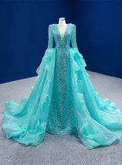 Blue Sequins Long Sleeve Pearls Prom Dresses With Detachable Train