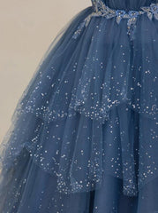 Blue Shiny Tulle Long Beaded A-line Prom Dresses, Blue Floor Length Party Dresses