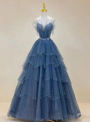 Blue Shiny Tulle Long Beaded A-line Prom Dresses, Blue Floor Length Party Dresses