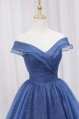 Blue Shiny Tulle Off the Shoulder Prom Dresses, Blue V-Neck Evening Dresses