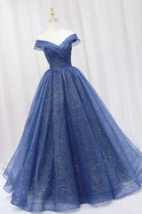 Blue Shiny Tulle Off the Shoulder Prom Dresses, Blue V-Neck Evening Dresses